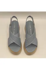 Athena Mavi Deri Dolgu Topuk Sandalet