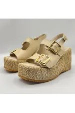 Amethyst Exclusive Frida Beige Leather Platform Heel Women's Sandals