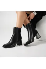 Berit Black Leather & Suede Women's Boots – 7 cm Thick Heel – 21.5 cm Boot Height – TPU Non-Slip Lugged Sole