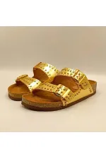 Perla Gold Leather Cork Sole Orthopedic Slippers