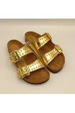 Perla Gold Leather Cork Sole Orthopedic Slippers