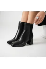 Berit Black Leather & Suede Women's Boots – 7 cm Thick Heel – 21.5 cm Boot Height – TPU Non-Slip Lugged Sole