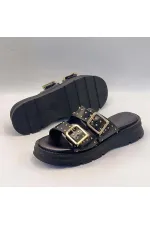 Rosa Black Genuine Leather Buckle and Studded Women's Slippers – Comfortable, Stylish and Orthopedic