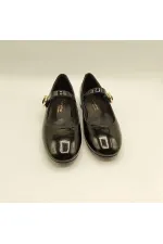 Marry Black Glossy Leather Square Toe Short Heel Women's Shoes