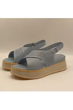 Athena Mavi Deri Dolgu Topuk Sandalet