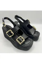 Ametist Exclusive Frida Siyah Deri Dolgu Topuk Kadın Sandalet