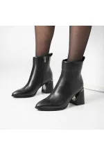 Valeria Black Genuine Leather Women's Boots – Pointed Toe, TPU Non-Slip Sole, 7.5 cm Heel with Metal Accessories