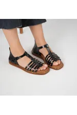 Asta Black Leather Flat Women's Sandals