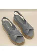 Athena Mavi Deri Dolgu Topuk Sandalet