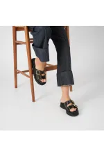 Rosa Black Genuine Leather Buckle and Studded Women's Slippers – Comfortable, Stylish and Orthopedic