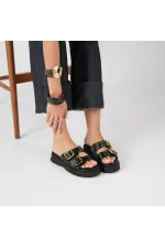 Rosa Black Genuine Leather Buckle and Studded Women's Slippers – Comfortable, Stylish and Orthopedic