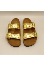 Perla Gold Leather Cork Sole Orthopedic Slippers