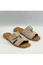 Bellini Bej Süet Tokalı Gerçek Deri Kadın Terlik