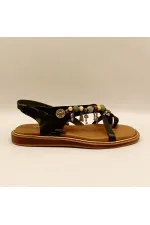 Daphne Black Leather Flat Women's Sandals