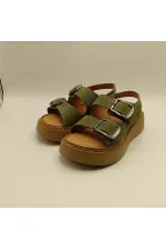 Ametist Exclusive Stabil Haki Süet Platform Kadın Sandalet | Çift Bantlı Gerçek Deri Konfor