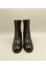 Clara Black Leather Women's Boots – Crocodile Pattern Patent Leather Toe & Heel Detail – Center Zipper Accessory