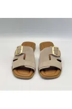 Bellini Bej Süet Tokalı Gerçek Deri Kadın Terlik