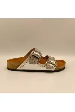 Perla Silver Leather Cork Sole Orthopedic Slippers