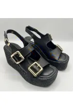 Ametist Exclusive Frida Siyah Deri Dolgu Topuk Kadın Sandalet