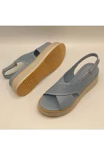 Athena Mavi Deri Dolgu Topuk Sandalet