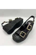 Ametist Exclusive Frida Siyah Deri Dolgu Topuk Kadın Sandalet