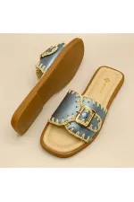 Pantoufles authentiques en cuir bleu pour femmes