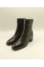 Clara Black Leather Women's Boots – Crocodile Pattern Patent Leather Toe & Heel Detail – Center Zipper Accessory