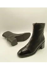 Clara Black Leather Women's Boots – Crocodile Pattern Patent Leather Toe & Heel Detail – Center Zipper Accessory