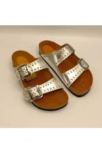 Perla Silver Leather Cork Sole Orthopedic Slippers