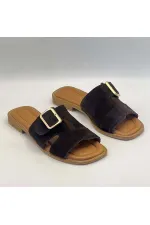 Bellini Coffee Suede Buckle Genuine Leather Women's Slippers