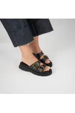 Rosa Black Genuine Leather Buckle and Studded Women's Slippers – Comfortable, Stylish and Orthopedic