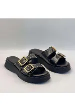 Rosa Black Genuine Leather Buckle and Studded Women's Slippers – Comfortable, Stylish and Orthopedic