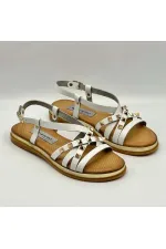 Anetta White Leather Women's Sandals | Gold Stud Detail, Genuine Leather Thermo Sole