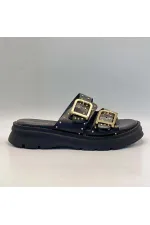Rosa Black Genuine Leather Buckle and Studded Women's Slippers – Comfortable, Stylish and Orthopedic