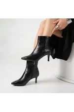 Carmen Black Bean Pattern Patent Leather Thin Heel Women's Boots – 7 cm – Warm Lining – TPU Sole