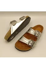 Perla Silver Leather Cork Sole Orthopedic Slippers