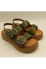 Ametist Exclusive Stabil Haki Süet Platform Kadın Sandalet | Çift Bantlı Gerçek Deri Konfor