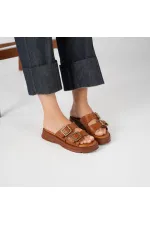 Rosa Taba Genuine Leather Buckle and Studded Women's Slippers