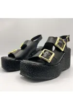 Ametist Exclusive Frida Siyah Deri Dolgu Topuk Kadın Sandalet