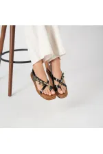 Daphne Black Leather Flat Women's Sandals