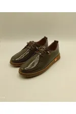 Ariss Khaki Wrinkled Patent Leather Genuine Leather Women's Casual Shoes – Lightweight Flexible Rubber Sole