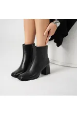 Bottes Aura noires à bout carré et talon épais en cuir véritable pour femmes
