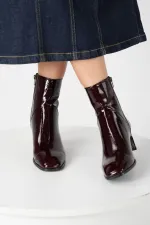 Bottes pour femmes Danila en cuir verni bordeaux, doublure chaude, cuir véritable – Talon épais de 5,5 cm – Semelle en TPU