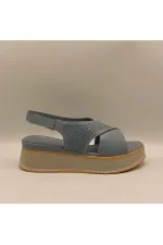 Athena Mavi Deri Dolgu Topuk Sandalet