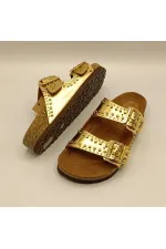 Perla Gold Leather Cork Sole Orthopedic Slippers