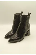 Valeria Black Beanie Pattern Genuine Leather Women's Boots – Pointed Toe, Metal-Embellished Heel