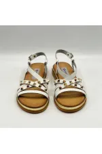 Anetta White Leather Women's Sandals | Gold Stud Detail, Genuine Leather Thermo Sole