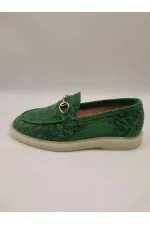 Davina Dark Green Printed Genuine Leather Casual Shoes