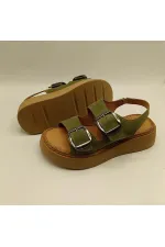 Ametist Exclusive Stabil Haki Süet Platform Kadın Sandalet | Çift Bantlı Gerçek Deri Konfor