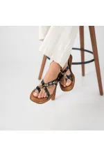 Daphne Black Leather Flat Women's Sandals